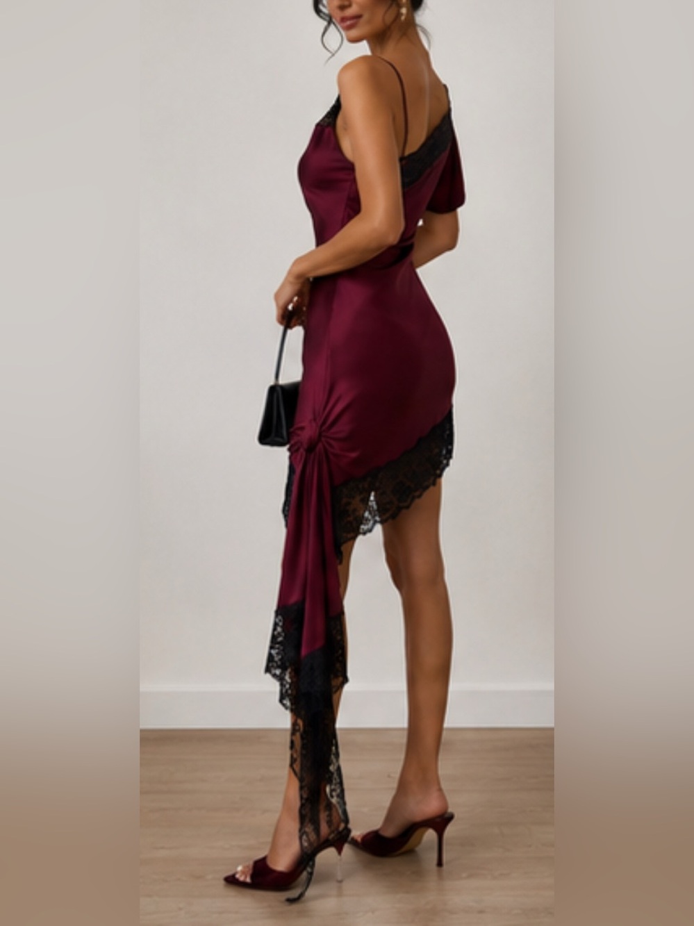 NEW $235 Bordeaux Lace Dress Elegant One-Shoulder Satin Lace Dress in Burgundy - Picture 3 of 6